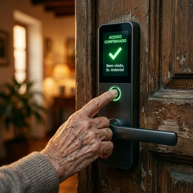 Fechadura digital com acessibilidade para idosos, painel grande e abertura por biometria