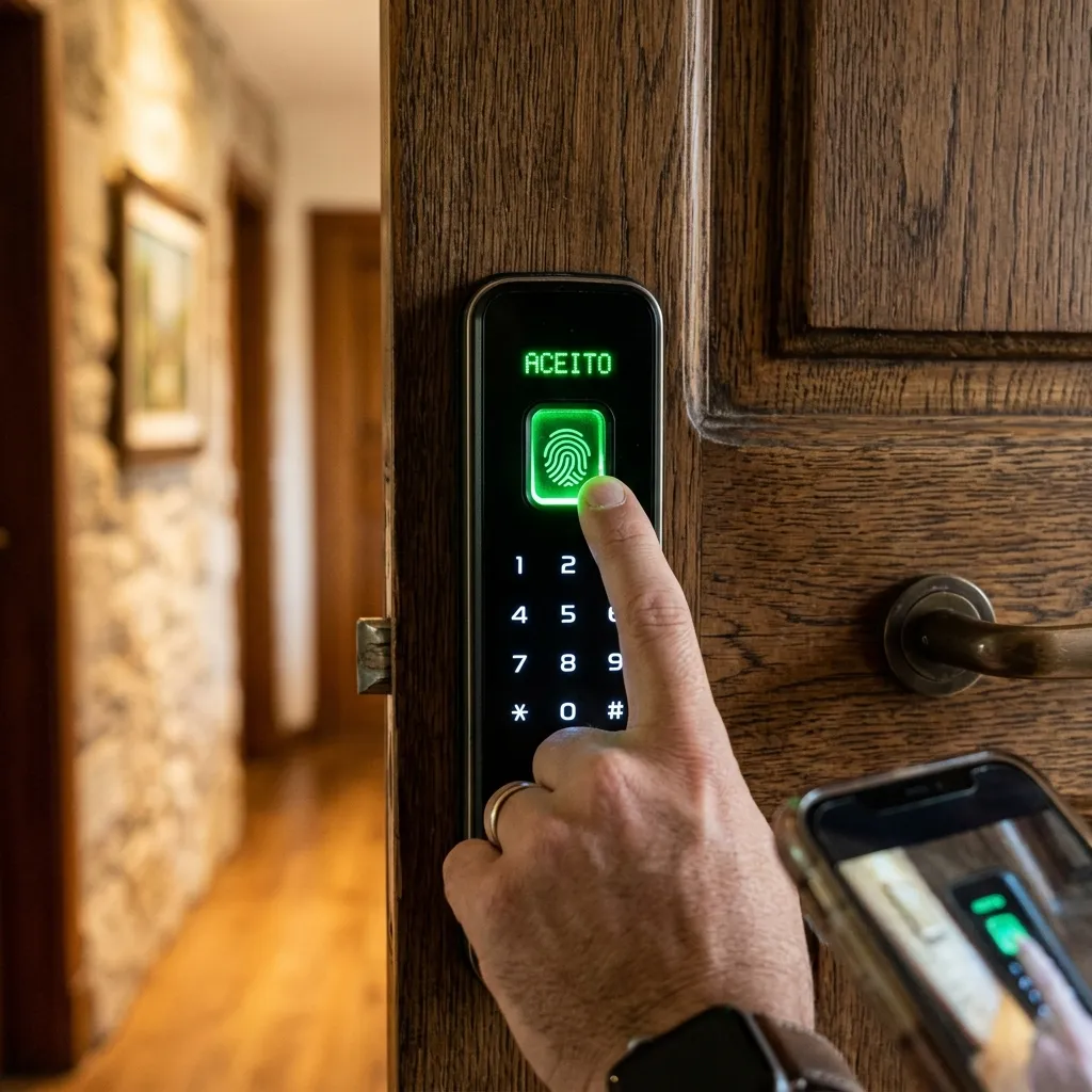Painel digital de fechadura inteligente mostrando biometria verde