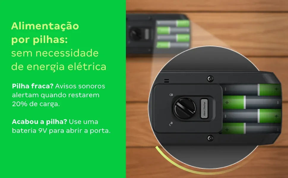 Detalhe do compartimento de pilhas da Intelbras FR 102 e indicação do uso de bateria 9V para emergências