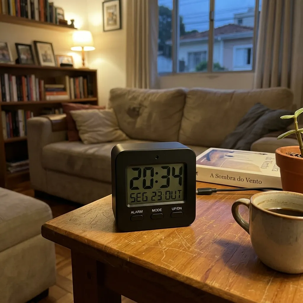 Pequeno relógio de mesa digital escondendo micro câmera espiã em uma sala realista