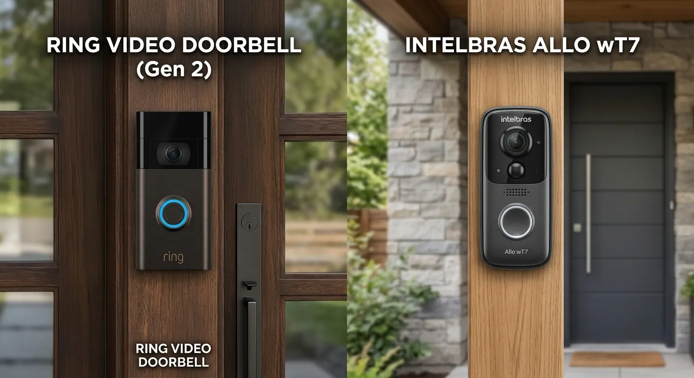 Comparativo ilustrando a diferença de design e segurança de montagem entre campainhas inteligentes externas e videoporteiros robustos