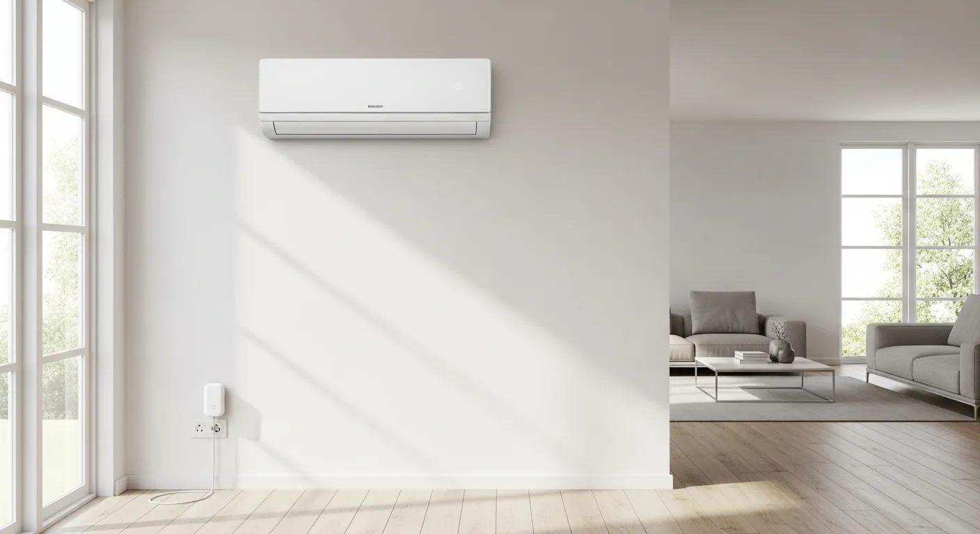 Tomada inteligente Ekaza 20A com pinos grossos conectada a um cabo de ar-condicionado e emitindo luz azul de Wi-Fi