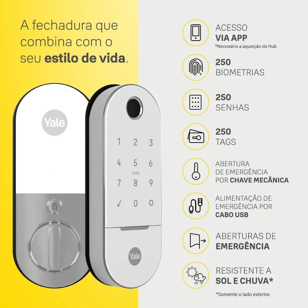 Visão frontal da Yale Lia branca destacando o teclado numérico touch invisível quando em repouso